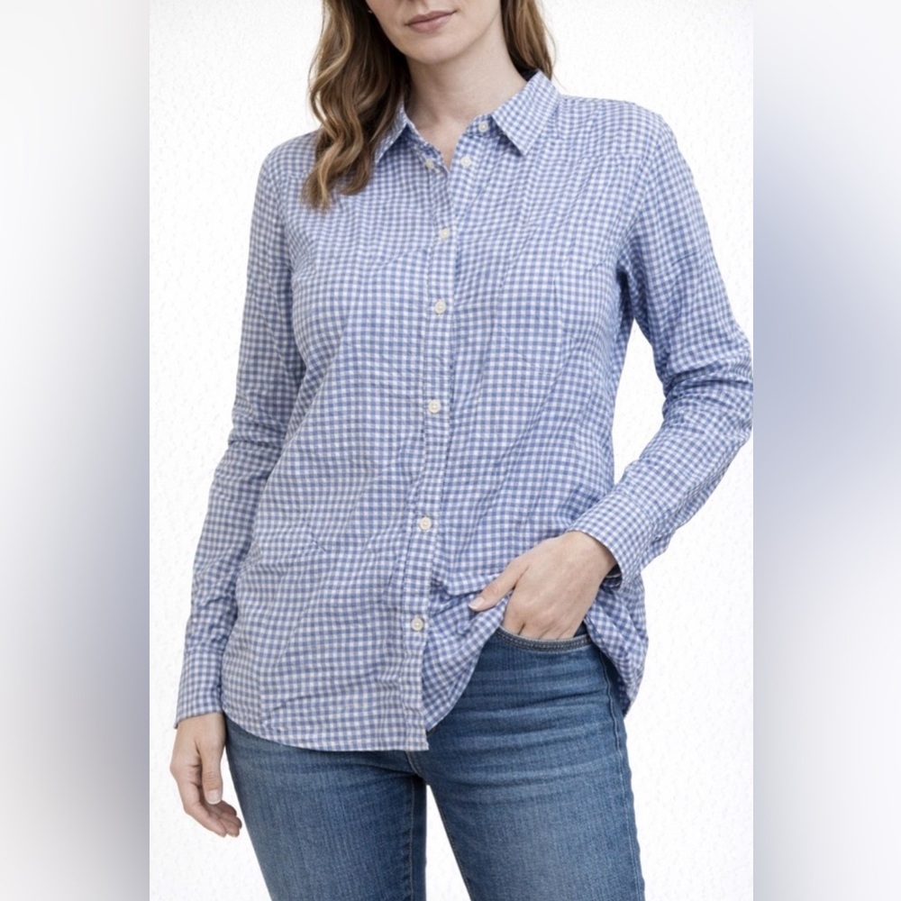 J McLaughlin Lois Cotton Crinkle Seersucker Blue Gingham LS Button Down Shirt S
